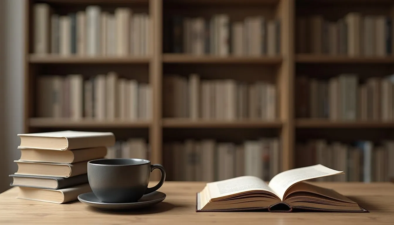 Aufgeschlagenes Buch und eine Tasse vor einem Bücherregal